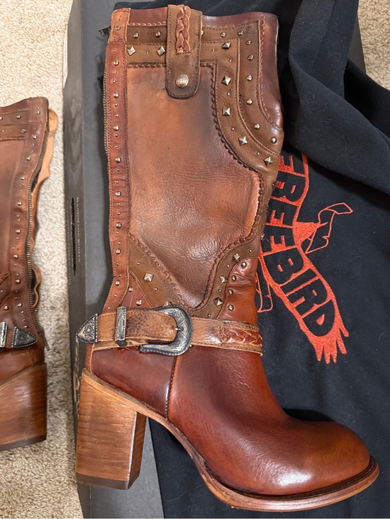 freebird Shoes - freebird Brown Studded Leather Mid-Calf Heeled Boot